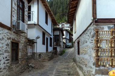 Shiroka Laka, Bulgaristan - 14 Ağustos 2018: Tarihi Shiroka Laka kasabasında on dokuzuncu yüzyıl evleri, Smolyan Bölgesi, Bulgaristan