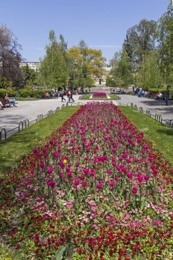 Sofya, Bulgaristan - 24 Nisan 2019: Sofya'daki Ulusal Tiyatro Ivan Vazov'un önündeki bahçe, Bulgaristan