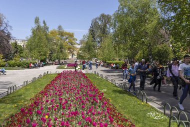 Sofya, Bulgaristan - 24 Nisan 2019: Sofya'daki Ulusal Tiyatro Ivan Vazov'un önündeki bahçe, Bulgaristan
