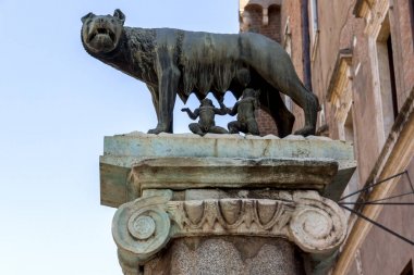 Rome, İtalya - 23 Haziran 2017: Kurt heykeli Romulus ve Remus yılında Roma, İtalya, şehrin Capitoline Tepesi üzerinde