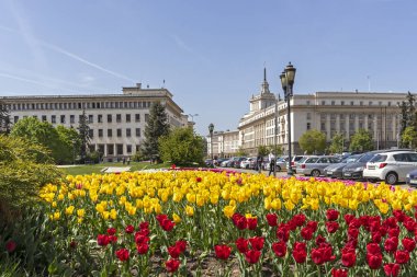 Sofya, Bulgaristan - 24 Nisan 2019: Sofya şehrinde Knyaz Alexander I Meydanı'nın panoramik manzarası, Bulgaristan