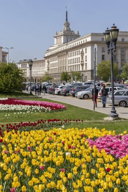 Sofya, Bulgaristan - 24 Nisan 2019: Sofya şehrinde Knyaz Alexander I Meydanı'nın panoramik manzarası, Bulgaristan