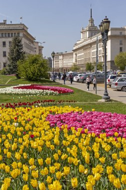Sofya, Bulgaristan - 24 Nisan 2019: Sofya şehrinde Knyaz Alexander I Meydanı'nın panoramik manzarası, Bulgaristan