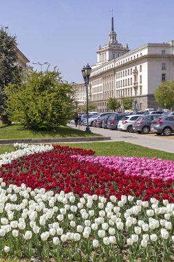 Sofya, Bulgaristan - 24 Nisan 2019: Sofya şehrinde Knyaz Alexander I Meydanı'nın panoramik manzarası, Bulgaristan