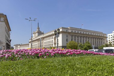 Sofya, Bulgaristan - 24 Nisan 2019: Sofya şehrinde Knyaz Alexander I Meydanı'nın panoramik manzarası, Bulgaristan