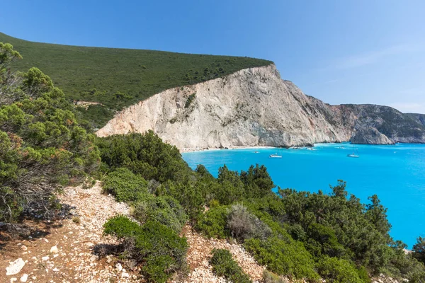 Porto Katsiki Beach Lefkada Griechenland Juli 2014 Personen Und Jachten — Stockfoto