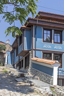 Plovdiv, Bulgaristan-Mayıs 29, 2019: sokak ve on dokuzuncu yüzyıl evler mimari ve tarihi rezerv Plovdiv şehir eski kent, Bulgaristan