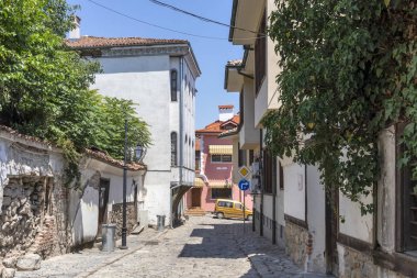 Plovdiv, Bulgaristan-Mayıs 29, 2019: sokak ve on dokuzuncu yüzyıl evler mimari ve tarihi rezerv Plovdiv şehir eski kent, Bulgaristan