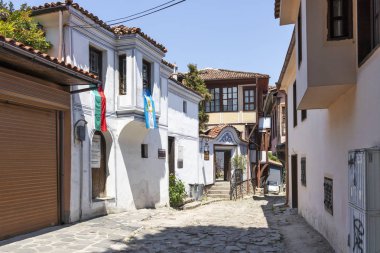 Plovdiv, Bulgaristan-Mayıs 29, 2019: sokak ve on dokuzuncu yüzyıl evler mimari ve tarihi rezerv Plovdiv şehir eski kent, Bulgaristan