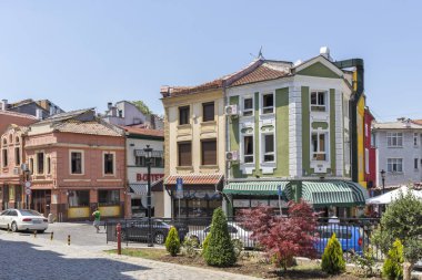 Plovdiv, Bulgaristan-29 Mayıs 2019: Plovdiv şehir merkezinde yaya sokakları, Bulgaristan