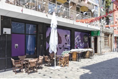 Plovdiv, Bulgaristan-29 Mayıs 2019: Plovdiv şehir merkezinde yaya sokakları, Bulgaristan