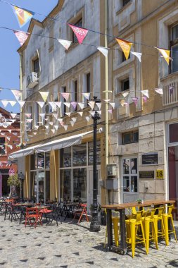 Plovdiv, Bulgaristan-29 Mayıs 2019: Plovdiv şehir merkezinde yaya sokakları, Bulgaristan