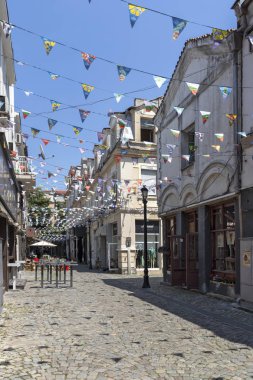 Plovdiv, Bulgaristan-29 Mayıs 2019: Plovdiv şehir merkezinde yaya sokakları, Bulgaristan