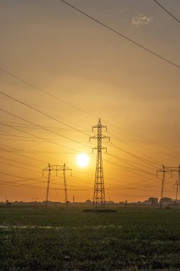 Plovdiv kenti çevresindeki arazide Yüksek gerilimli elektrik hatları Sunset Manzara, Bulgaristan