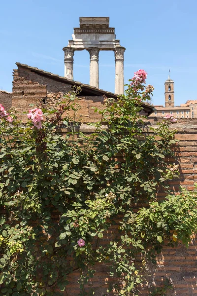 Ruínas do Templo de Dioscuri no Fórum Romano na cidade de Roma — Fotografia de Stock