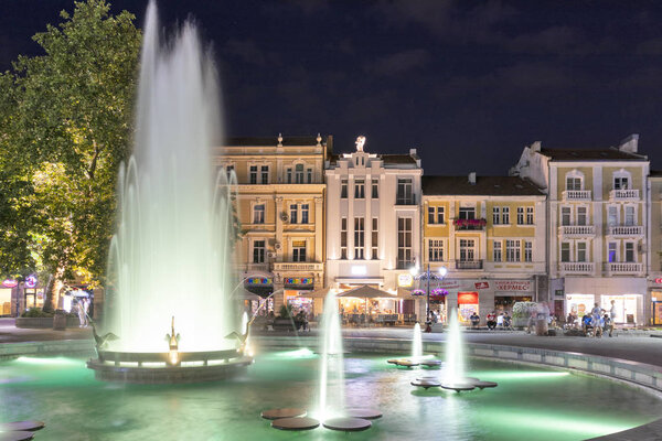 PLOVDIV, BULGARIA - AUGUST 25, 2019: Night Photo of Fountains in front of Town Hall in City of Plovdiv, Bulgaria