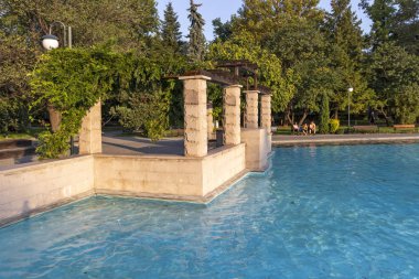 Sunset view of Singing Fountains  in City of Plovdiv, Bulgaria