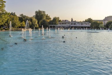Sunset view of Singing Fountains  in City of Plovdiv, Bulgaria