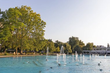 Sunset view of Singing Fountains  in City of Plovdiv, Bulgaria