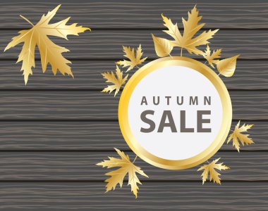 Koyu ahşap arka planda altın yapraklı sonbahar arkaplanı - Vektör İllüstrasyonu