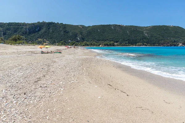 Paisaje Marino Panorámico Playa Agios Ioanis Con Aguas Azules Lefkada — Foto de Stock