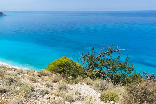 Panorama Błękitnych Wód Kokkinos Vrachos Beach Lefkada Wyspy Jońskie Grecja — Zdjęcie stockowe