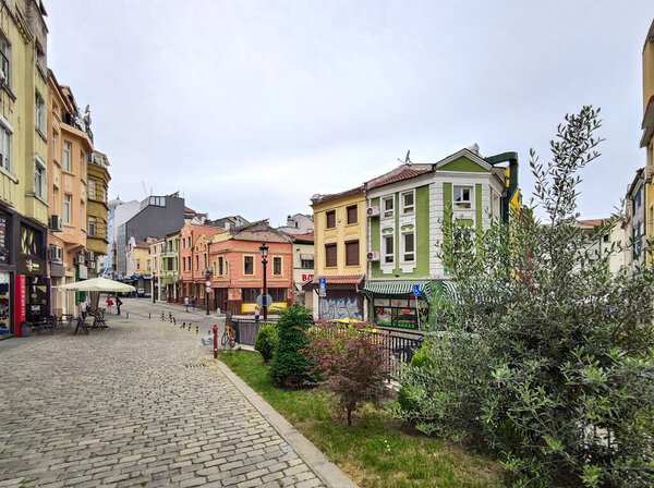 PLOVDIV, BULGARIA - MAY 19, 2020: Typical Street and houses at  pedestrian street of city of Plovdiv, Bulgaria