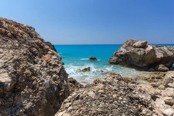 Paysage Marin Eaux Bleues Roches Plage Megali Petra Leucade Îles — Photo