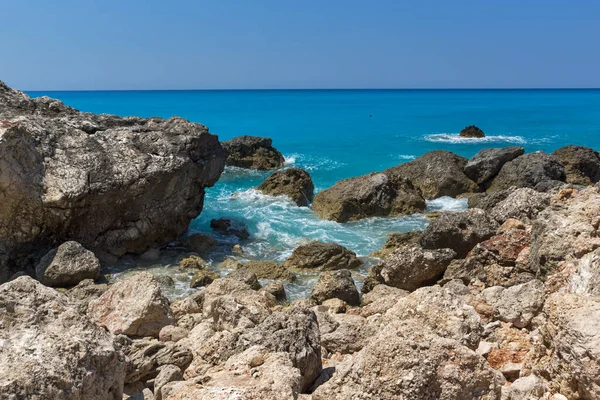 Meereslandschaft Mit Blauem Wasser Und Felsen Megali Petra Strand Lefkada — Stockfoto