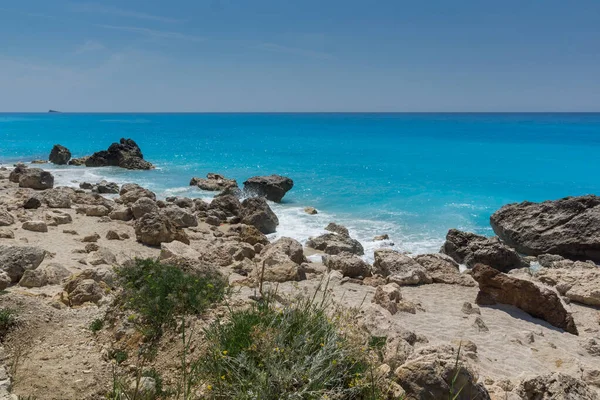 Wybrzeże Błękitnych Wód Skał Megali Petra Beach Lefkada Wyspy Jońskie — Zdjęcie stockowe