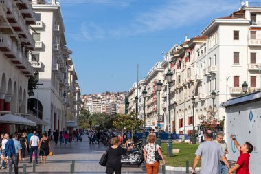Selanik, Yunanistan - 22 Eylül 2019: Selanik, Orta Makedonya, Yunanistan 'da Aristo Meydanı Panoraması
