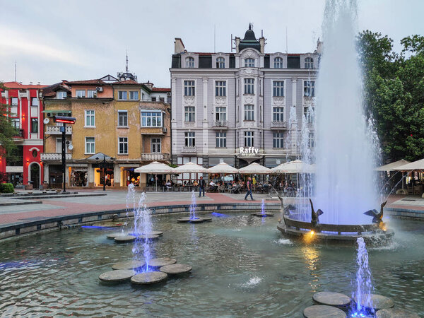 PLOVDIV, BULGARIA - MAY 18, 2020: Fountain in front of Town Hall in city of Plovdiv, Bulgaria