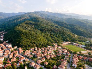 Bulgaristan 'ın Petrich, Blagoevgrad bölgesinin hava gün batımı manzarası