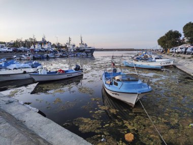 SOZOPOL, BULGARIA - 1 Eylül 2020: Bulgaristan 'ın Burgaz Bölgesi Sozopol limanının günbatımı manzarası