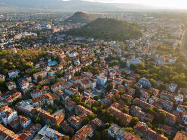 Bulgaristan 'ın Filibe kentinin hava gün batımı manzarası