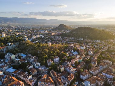Bulgaristan 'ın Filibe kentinin hava gün batımı manzarası