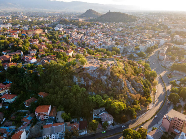 Aerial sunset view of City of Plovdiv, Bulgaria