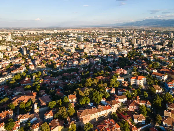 Αεροφωτογραφία Του Ηλιοβασιλέματος Της Πόλης Της Φιλιππούπολης Βουλγαρία — Φωτογραφία Αρχείου