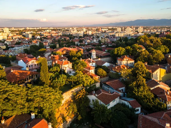 Vista Aerea Sul Tramonto Della Città Plovdiv Bulgaria — Foto Stock