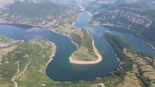 Amazing Aerial Panorama Arda River Meander Kardzhali Reservoir Bulgarije — Stockvideo