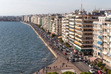THESSALONIKI, GREECE - 22 Eylül 2019: Beyaz Kuleden Selanik, Orta Makedonya, Yunanistan 'a İnanılmaz Panorama