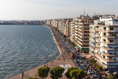 THESSALONIKI, GREECE - 22 Eylül 2019: Beyaz Kuleden Selanik, Orta Makedonya, Yunanistan 'a İnanılmaz Panorama
