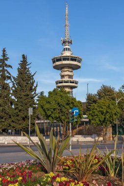 THESSALONIKI, GREECE - 22 Eylül 2019: Selanik, Orta Makedonya, Yunanistan 'daki OTE Kulesi' nin günbatımı