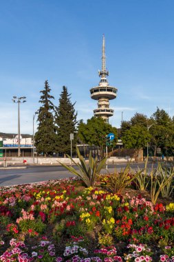 THESSALONIKI, GREECE - 22 Eylül 2019: Selanik, Orta Makedonya, Yunanistan 'daki OTE Kulesi' nin günbatımı