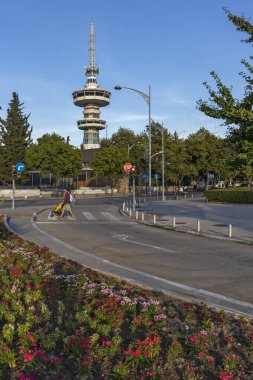 THESSALONIKI, GREECE - 22 Eylül 2019: Selanik, Orta Makedonya, Yunanistan 'daki OTE Kulesi' nin günbatımı