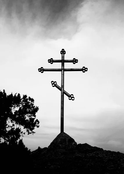 Black and white photo of the Orthodox cross