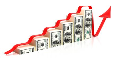 Beyaz bir arka plan üzerinde dolar kırmızı ok