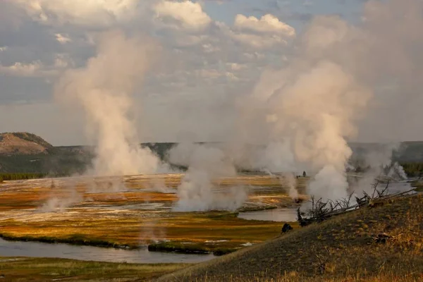 Masywne Pióropusze Pary Zimny Poranek Yellowstone Midway Gejzer Basin — Zdjęcie stockowe