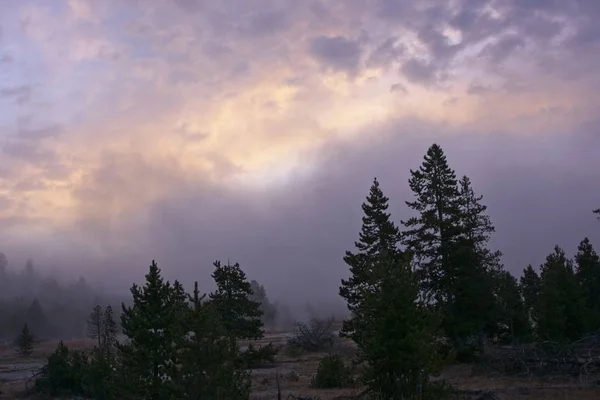 Approaching Sunrise Casts Color Sky Clouds Steam Thermal Area Yellowstone — Stock Photo, Image