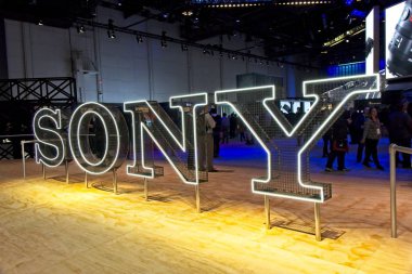 Las Vegas, NV, USA, Jan. 8. 2019: The Sony Corp. exhibit at 2019 CES features innovations in a wide range of rpoducts from Play-Stations, to cameras and camcorders to acoustic headphones and ultra high-definition 8k television.                        clipart